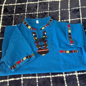 Kids Blue Ethnic Patterned Shirt
